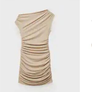 Mango One Shoulder Tan Dress